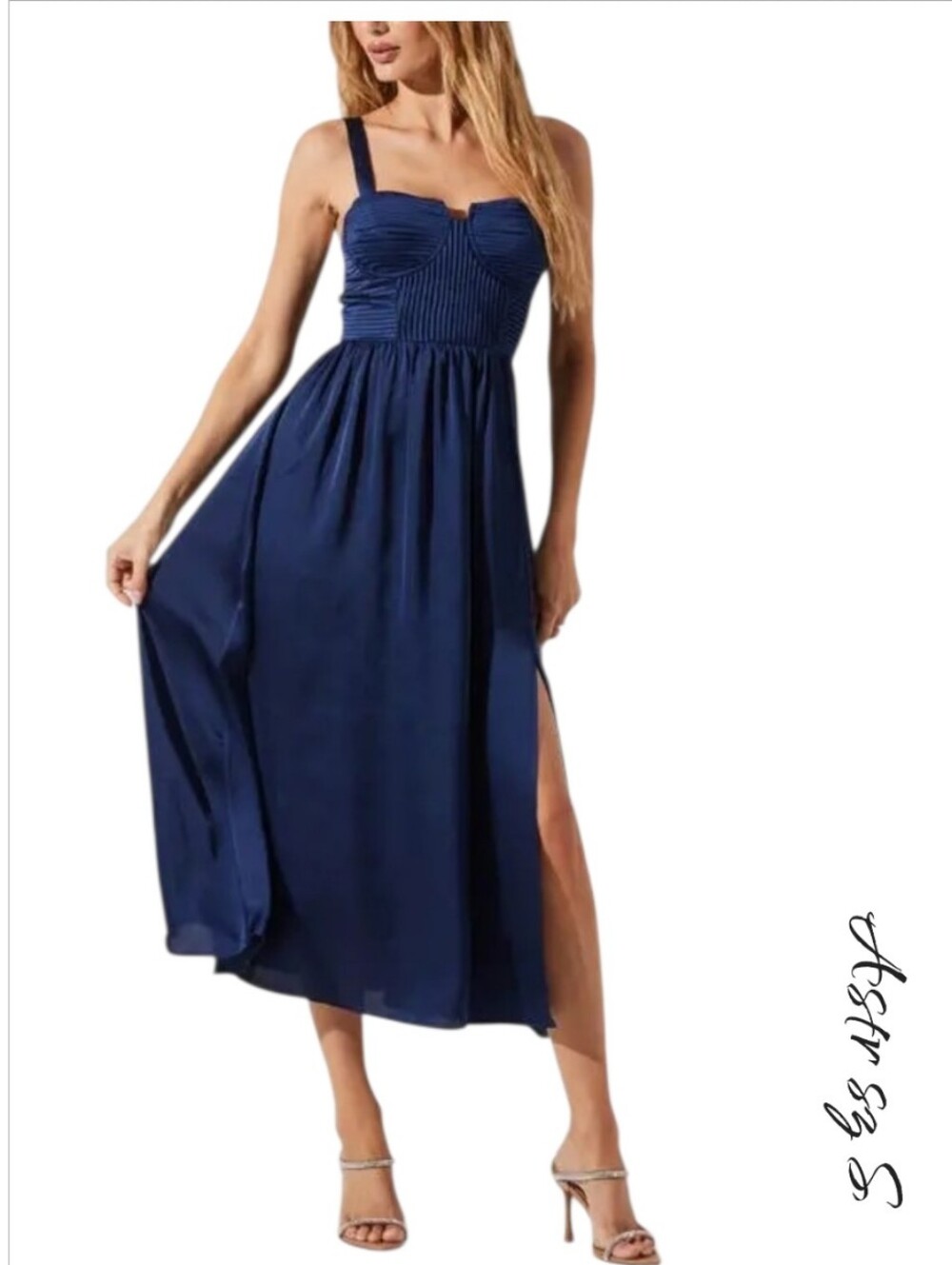ASTR the Label Pleated Bustier Midi Slit Dress Navy S